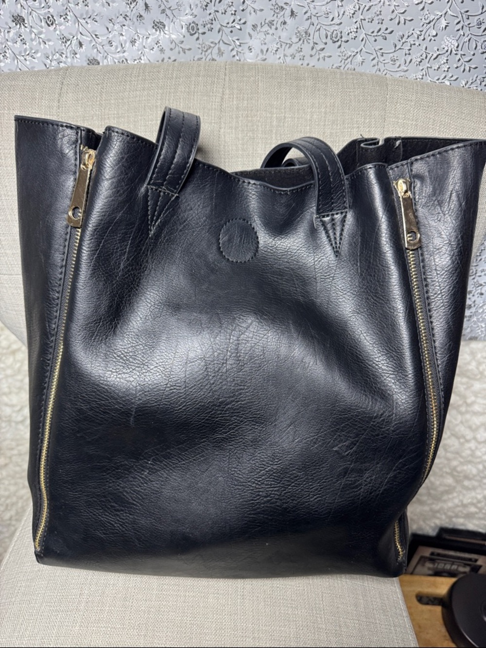 Classic Black Leather Tote Bag with Gold Zippers